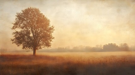 Fototapete - Serene and picturesque countryside landscape with a single lone tree standing in a golden autumn field surrounded by a hazy mist and a glowing ethereal sky at sunset  A tranquil