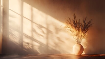 Warm autumn sunlight casting soft shadows on a minimalist vase filled with wheat stems creating a cozy and serene interior design scene with natural elements and a calming elegant atmosphere