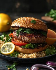 Wall Mural - Delicious sesame seed hamburger with fresh herbs, tomatoes, and lemon, set on a rustic wooden table.