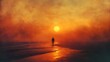 © Jittapon - Silhouette of a lone figure walking along a tranquil beach as the sun sets creating a dramatic and moody atmosphere over the ocean and horizon