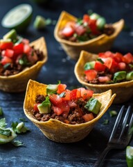 Wall Mural - Delicious, crispy tortilla cups filled with seasoned beef and fresh toppings, perfect for any gathering.