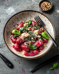 Wall Mural - A delicious bowl of red beet gnocchi topped with fresh basil and grated cheese.