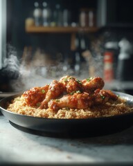 Wall Mural - Delicious crispy chicken wings on a bed of couscous, garnished with herbs in warm, inviting lighting.