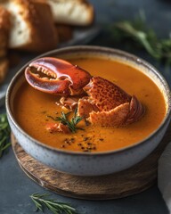 Wall Mural - A delicious bowl of lobster bisque with a lobster claw, garnished with herbs and served with bread.