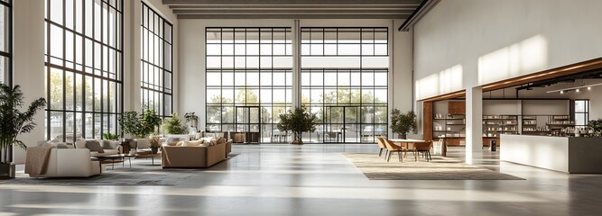 Wall Mural - A vast commercial space with high ceilings, large windows, and white walls, offering plenty of room for product displays and text space