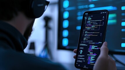Person reviewing code on a smartphone screen