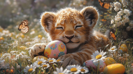 Wall Mural - Lion playing with easter eggs