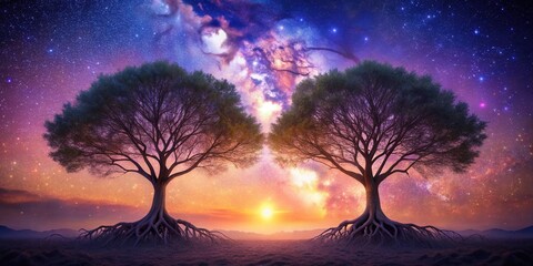Wall Mural - Serene Sunset and Starry Night Embrace Two Majestic Trees with Exposed Roots Stand Sentinel Against a Vibrant Celestial Canvas