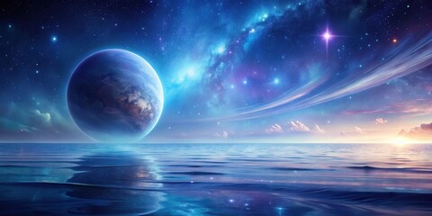 Wall Mural - A Serene Seascape Under a Celestial Canvas of Stars and a Distant Planet