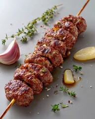 Wall Mural - Juicy grilled skewers of kebab on a neutral background, garnished with garlic and herbs.