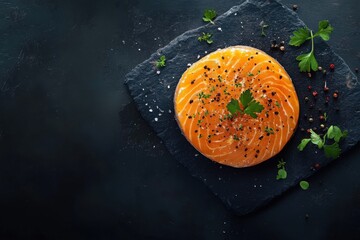 Canvas Print - Fresh salmon fillet garnished with herbs and spices on a dark stone background.