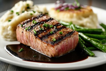 Wall Mural - A perfectly grilled salmon filet served with mashed potatoes and green beans, garnished with herbs.