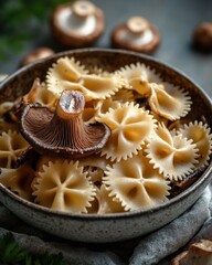 Wall Mural - A close-up of a bowl filled with farfalle pasta and a large, earthy mushroom, creating a rustic culinary scene.