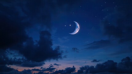 Wall Mural - a serene crescent moon glows in the twilight sky adorned with stars and clouds. perfect for backgrou