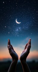 Wall Mural - The background is the night sky with stars and moon, creating an atmosphere of tranquility for prayer or spiritual reflection during Ramadan. The hands in palms together symbolize serenity and connect