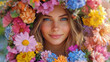 © Worakit - woman with vibrant blue eyes surrounded by colorful floral wreath, radiating joy and beauty