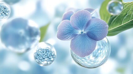 blue hydrangea flower with water droplets and particles