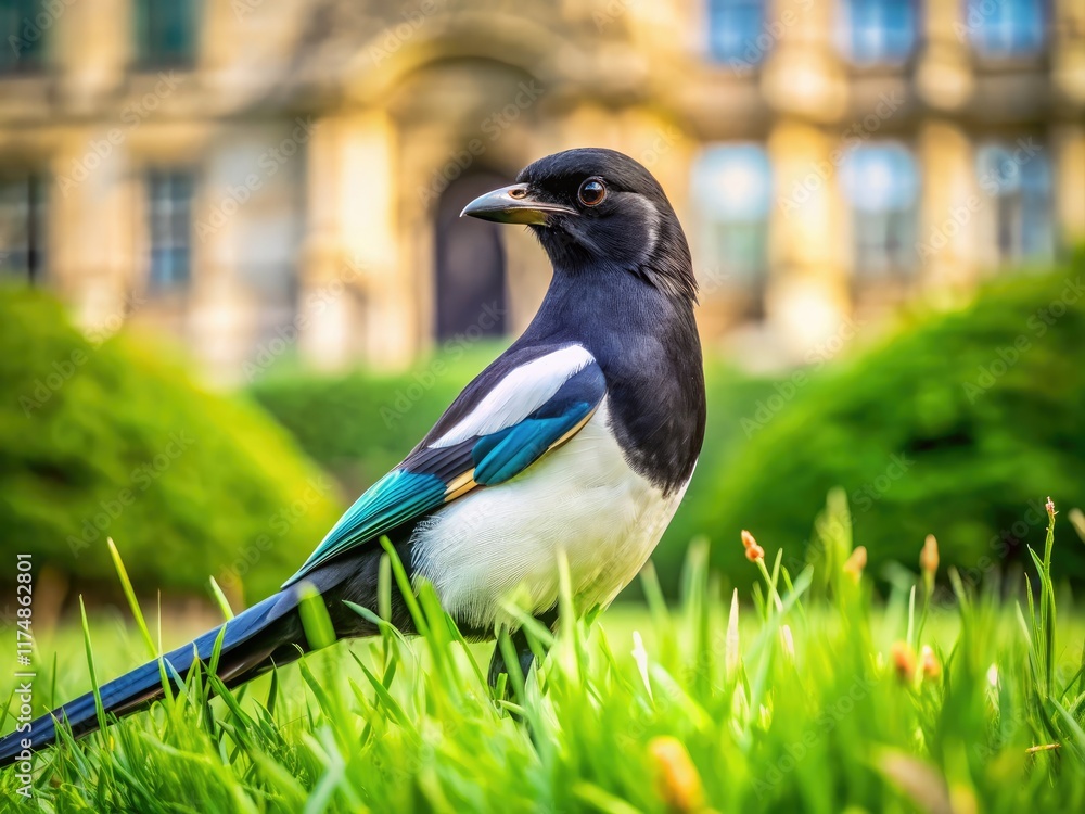 Spring Background Magpie Capturing the beauty of a magpie in a garden setting, blending ...