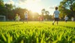 © Denis - Children playing soccer on turf grass field under bright cheerful sunlight in dynamic setting