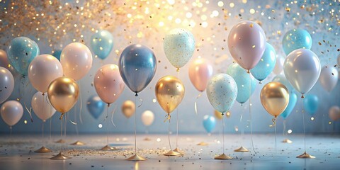 Poster - A festive celebration scene featuring pastel-colored balloons, glittering confetti, and soft lighting creates a joyful and elegant atmosphere.