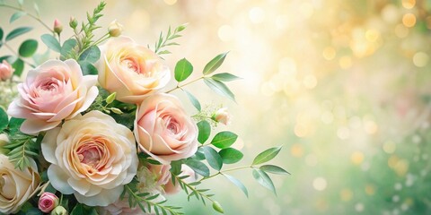 Wall Mural - A delicate bouquet of pastel roses and lush greenery, bathed in soft sunlight, creates a serene and romantic ambiance.