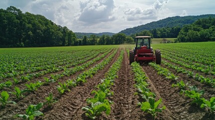 Poster - Red Tractor Cultivating a Green Field