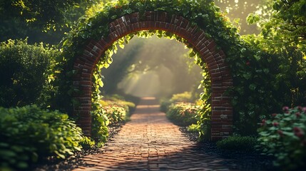 Enchanting brick archway covered in a verdant embrace of ivy exuding a sense of timeless charm and tranquility in a picturesque garden setting  The natural overgrown design creates an inviting