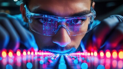 Close-up of focused technician inspecting illuminated circuit board.