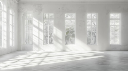 Fototapete - Minimalist white room interior with dramatic window shadows and tree silhouettes. Perfect for modern architecture, interior design, and minimalist lifestyle concepts.