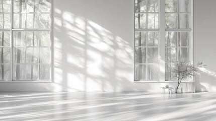 Fototapete - Minimalist white room interior with dramatic window shadows and tree silhouettes. Perfect for modern architecture, interior design, and minimalist lifestyle concepts.