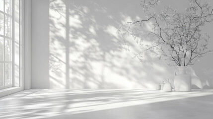 Fototapete - Minimalist white room interior with dramatic window shadows and tree silhouettes. Perfect for modern architecture, interior design, and minimalist lifestyle concepts.