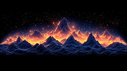 Wall Mural - glowing mountain range, night sky, digital art, fantasy landscape, game background.