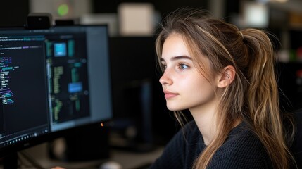 Coding session of a young programmer in a tech workspace indoor office environment close-up view focus on technology