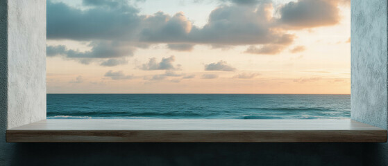 Vibrant sunset ocean view from an empty glass shelf backdrop in soft light