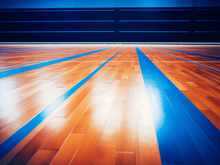 Wall Mural - Indoor sports court with blue and orange flooring featuring wooden surface and marked game lines