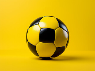 Wall Mural - Black soccer ball placed on a vibrant yellow background with space for text or creative designs