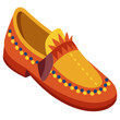 © PixelArtBox - Colorful Loafer Shoe with Decorative Details, Vector illustration of a vibrant loafer shoe in orange and yellow tones, featuring fringe accents, dotted patterns, and a stylish design.