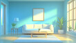 © Alfath - Sunny living room with white sofa, plants, and blue walls.