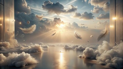 Wall Mural - Ethereal Sunset Feathery Delights Drifting Across a Serene Cloudscape, Emerging from Mysterious Structures