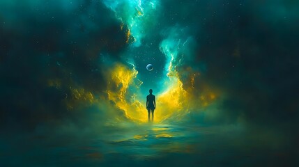 Wall Mural - silhouette gazing nebula, cosmic landscape, hope.