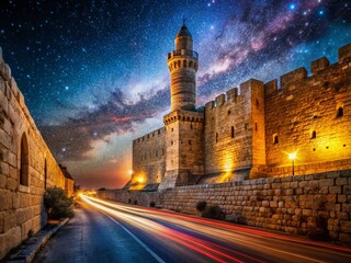 Wall Mural - Majestic Ancient Citadel Tower at Night, Long Exposure Photography