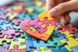 © Mikki Orso - Heart shaped character enjoying a colorful jigsaw puzzle, celebrating creativity and fun hobby