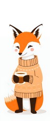 Wall Mural - cartoon fox in sweater holding a cup of coffee.