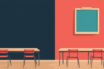 A modern classroom featuring a vibrant orange wall, a dark blue wall, wooden tables, and red chairs, creating a stimulating learning environment.