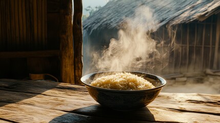 Wall Mural - A bowl of steaming hot jasmine rice, placed on a rustic wooden table, with steam gently rising from the bowl, highlighting the soft and fluffy texture of the grains.