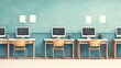 © PorchzStudio - A minimalist classroom featuring several computer desks with monitors and chairs against a teal wall.