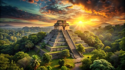 Wall Mural - Mayan Pyramid Temple Sunset Rainforest - Ancient Ruins Lush Jungle Landscape Stock Photo