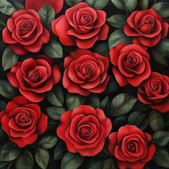 Wall Mural - Red Roses with Green Leaves