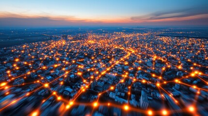 Wall Mural - an aerial view of a cityscape illuminated by glowing lines representing digital connections, showcas