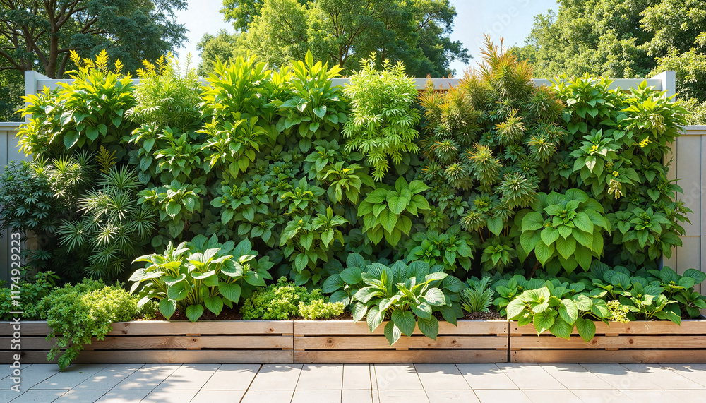 Lush vertical garden wall displays variety of leafy plants, creating a ...